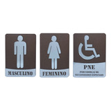 Kit Placa Indicativa Banheiro Sinalização Wc Masc, Fem e pcd